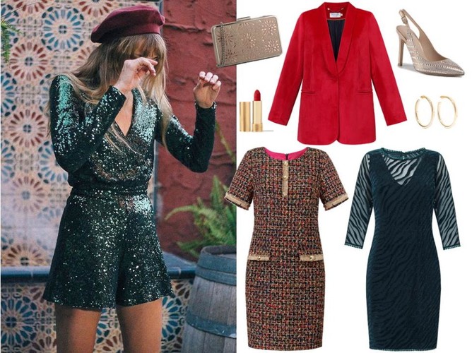 STYLIZACJE na sylwestra: zielona sukienka - Midori Feminine Fashion/midori.pl, czerwona marynarka - Cotton Club/ cottonclub.pl, kolorowa sukienka - Mefese/ mefese.pl, buty i torebka - Menbur/menbur.pl, pozostałe dodatki - TK MAXX