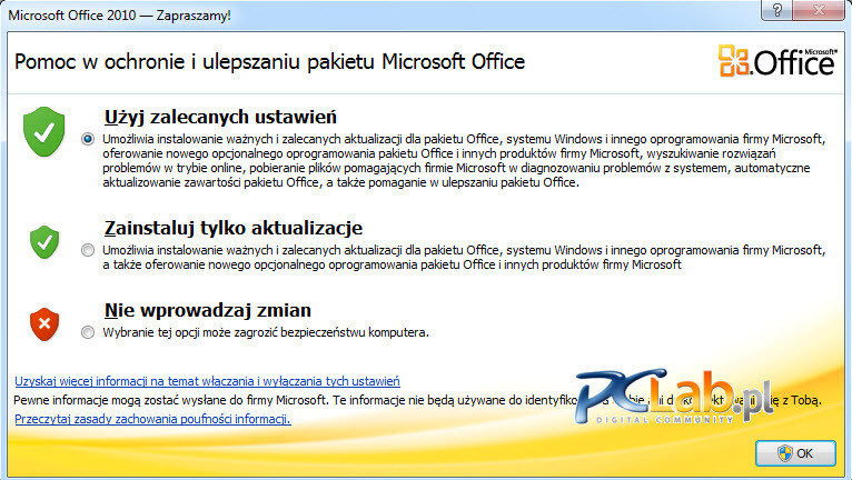 MS Office 2010 – ujednolicone okno wstępnych ustawień (kliknij, aby powiększyć) 