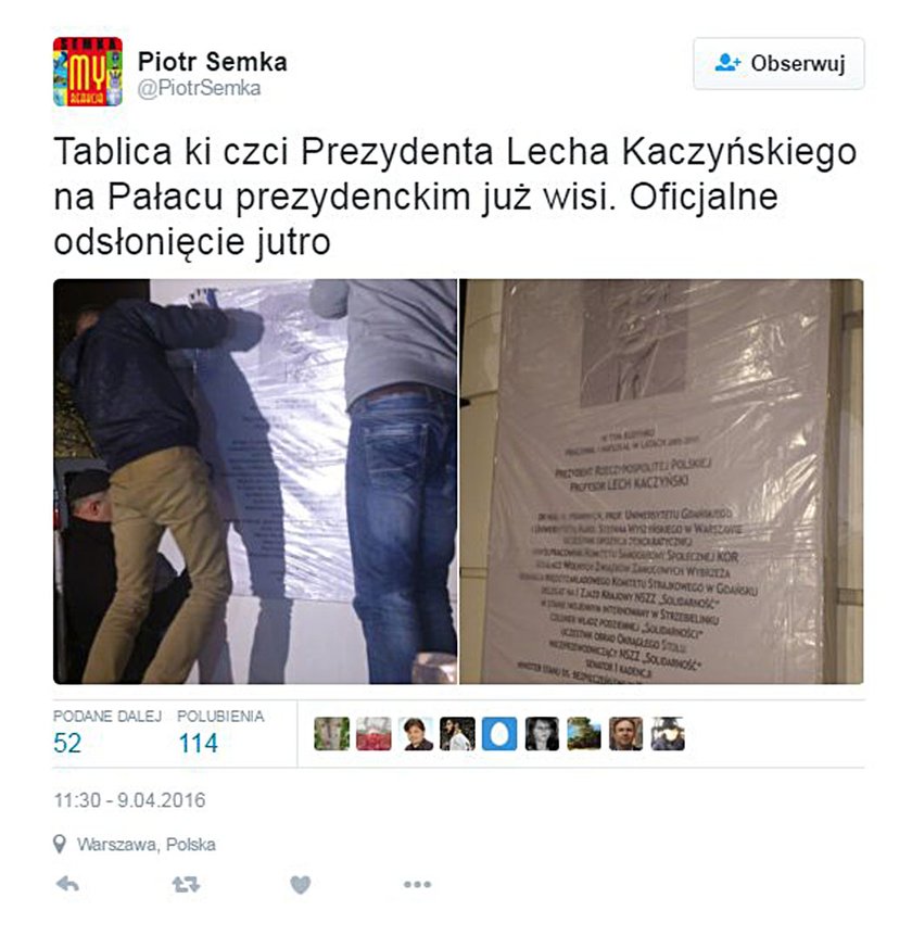 Tablica już na Pałacu Prezydenckim. A co z pomnikiem?