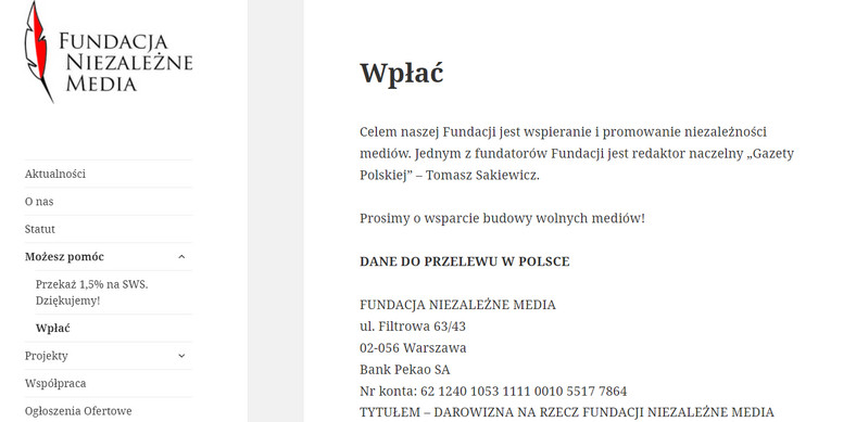 Informacja o fundatorze Fundacji Niezależne Media. Źródło: strona fundacji www.fundacjaniezaleznemedia.pl