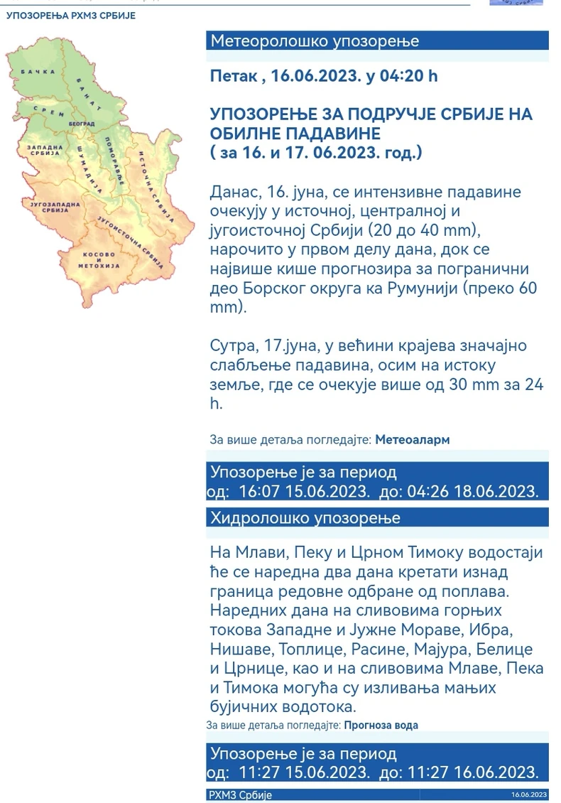 Upozorenje za padavine