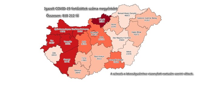 A Covid-19 fertőzöttek száma megyénként / Fotó: koronavirus.gov.hu