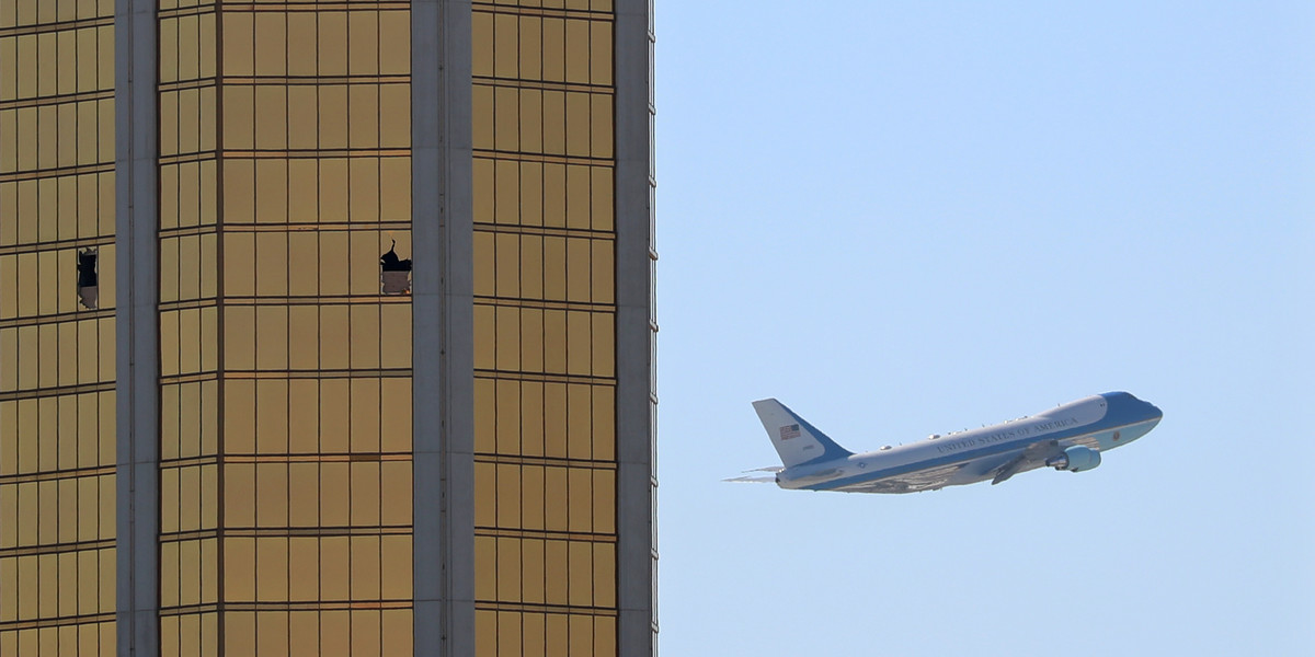 Chilling photo shows Air Force One flying past broken windows on Mandalay Bay hotel that Vegas gunman shot from