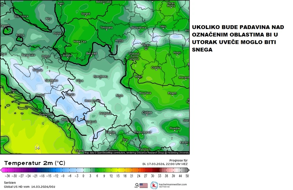U utorak bi moglo da bude snega i u nižim predelima, na oko 500 metara nadmorske visine