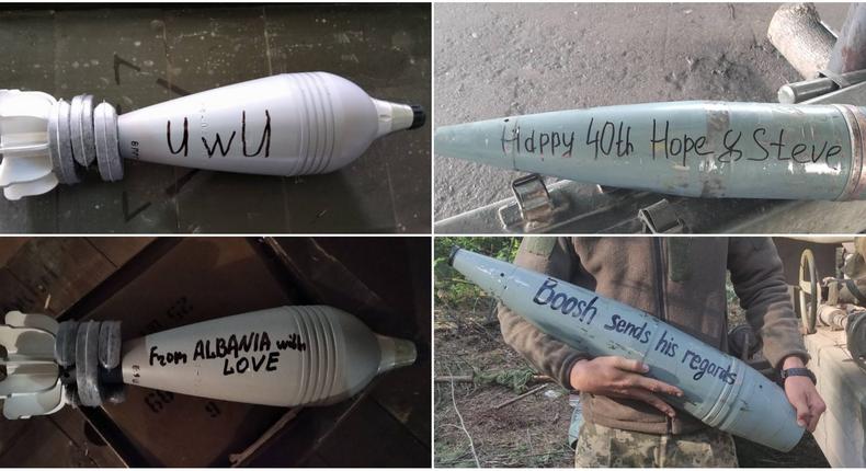 A composite image showing various shells, inscribed with messages, in use by Ukrainian soldiers.