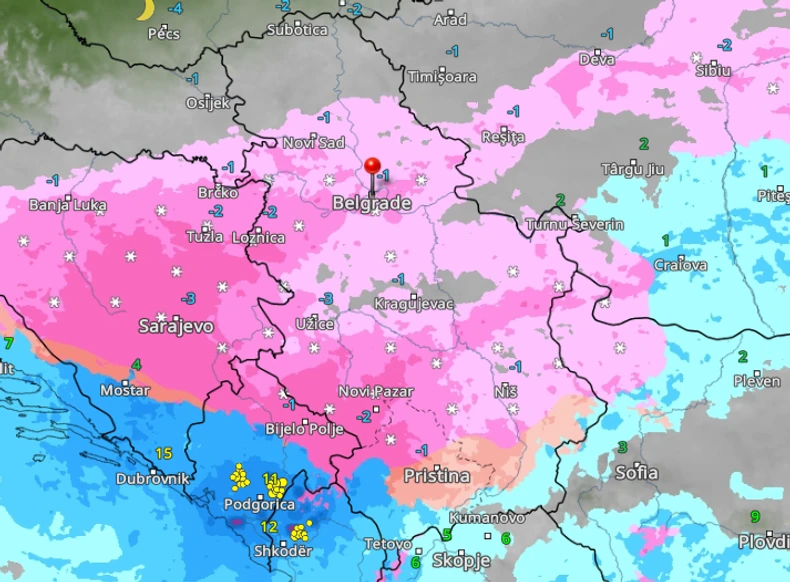 Kretanje padavina u 21 čas u nedelju