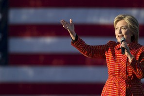 Democratic presidential candidate Hillary Clinton speaks during a campaign rally with her husband fo