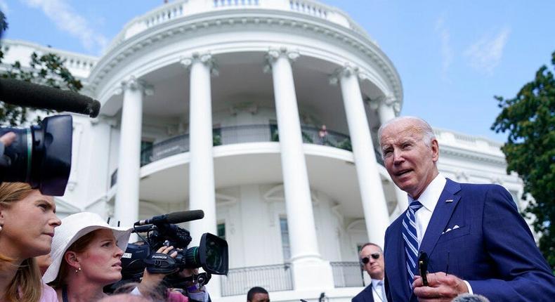 President Joe Biden speaks with members of the press before boarding Marine One on the South Lawn of the White House on August 26, 2022.AP Photo/Evan Vucci