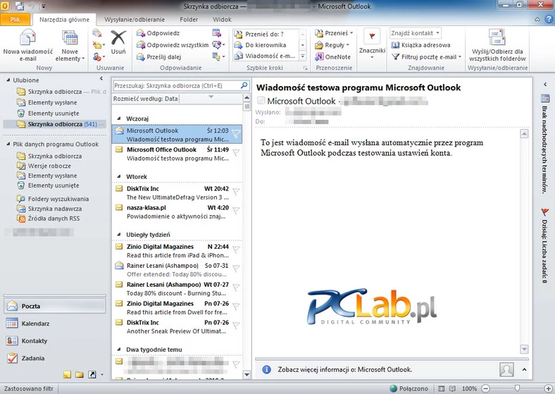 MS Outlook 2010 – okno główne (kliknij, aby powiększyć)