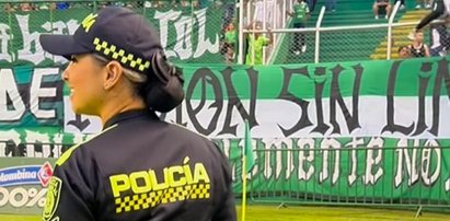 Piękna policjantka pilnuje porządku na stadionie. Lubi pokazywać swoje wdzięki