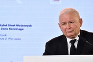 Prezes Prawa i Sprawiedliwości Jarosław Kaczyński podczas prezentacji raportu o stratach poniesionych przez Polskę w wyniku agresji i okupacji niemieckiej w czasie II wojny światowej.