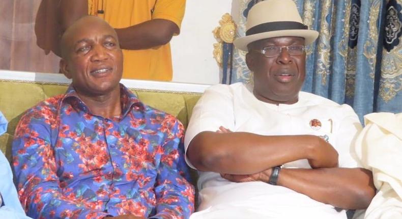 Former Bayelsa state Governor and Minister of state for Petroleum, Chief Timipre Sylva and APC governorship candidate, David Lyon. [Twitter/@TheresaTekenah]