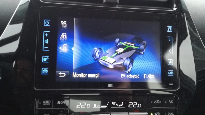 Na Monitorze energii, dostępnym z menu pokładowego Priusa można obserwować, jak w danej chwili wykorzystywana jest energia. Na zdjęciu widać tryb odzyskiwania energii przy hamowaniu układem napędowym w trybie jazdy B
