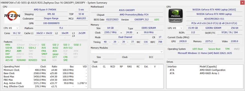 Asus ROG Zephyrus Duo 16 (GX650PY) – HWiNFO64 – specyfikacja laptopa