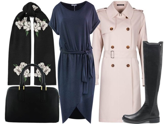 Modne drapowania na jesień 2018: sukienka-Fablu/fablu.pl, płaszcz-Dziekański/dziekanski.pl, oficerki-Caprice/caprice.pl, torba-Menbur/menbur.pl, szal-TK Maxx