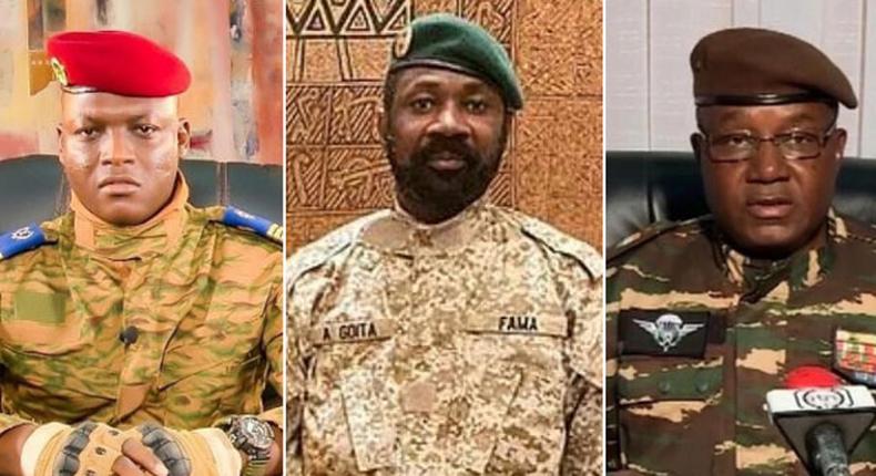 (Left to Right): The leader of Burkina Faso, Captain Ibrahim Traoré; Mali's military leader, Colonel Assimi Goïta; and Niger's military leader, General Abdourahmane Tchiani.