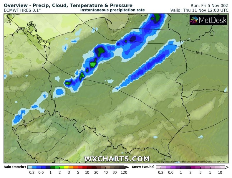 11 listopada z przelotnymi opadami deszczu