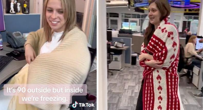 Abraham shows her women co-workers draped in blankets in the office.@heatherabraham / TikTok