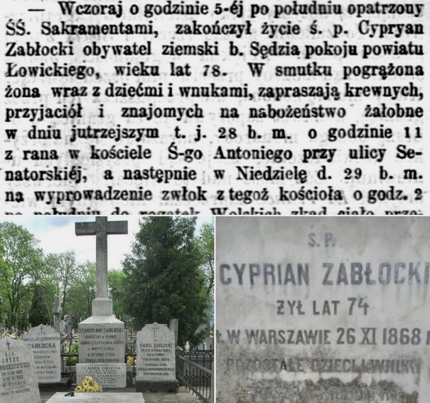 Nekrolog z Gazety Warszawskiej z 1868 r. i grób rodziny na cmentarzu w Rybnie