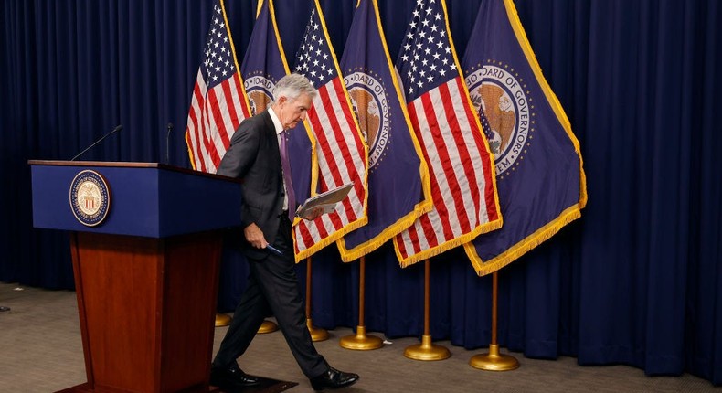 Federal Reserve Bank Chair Jerome Powell departs a news conference at the bank's William McChesney Martin building on March 20, 2024 in Washington, DC. Following a meeting of the Federal Open Markets Committee, Powell announced that the Fed left interest rates unchanged at about 5.3 percent, but suggested it may cut rates three times later this year as inflation eases.Chip Somodevilla/Getty Images