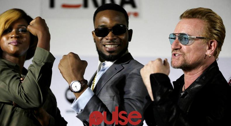 Waje, D'banj and Bono at ONE campaign press conference in Lagos.