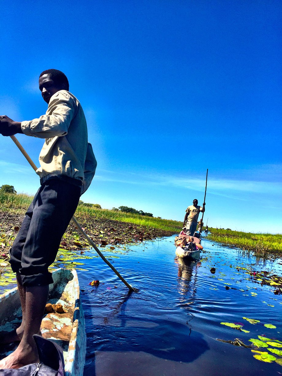 Although the water levels were low from the dry season, the mokoro polers were able to navigate the couple to their camp.