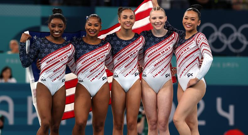 Simone Biles, Jordan Chiles, Hezly Rivera, Jade Carey, and Sunisa Lee won gold in the Artistic Gymnastics Women's Team Final at the Olympics in Paris.Jamie Squire/Staff/Getty Images