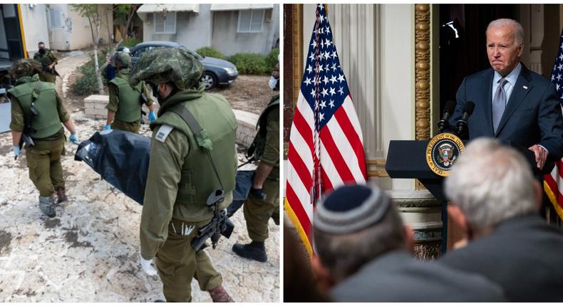 Left: Israeli soldiers removing civilian bodies who were killed days earlier in an attack by Hamas militants on this kibbutz in Kfar Aza, Israel. Right: President Joe Biden gives remarks to Jewish community leaders.Left: Alexi J. Rosenfeld via Getty Images. Right: Drew Angerer via Getty Images