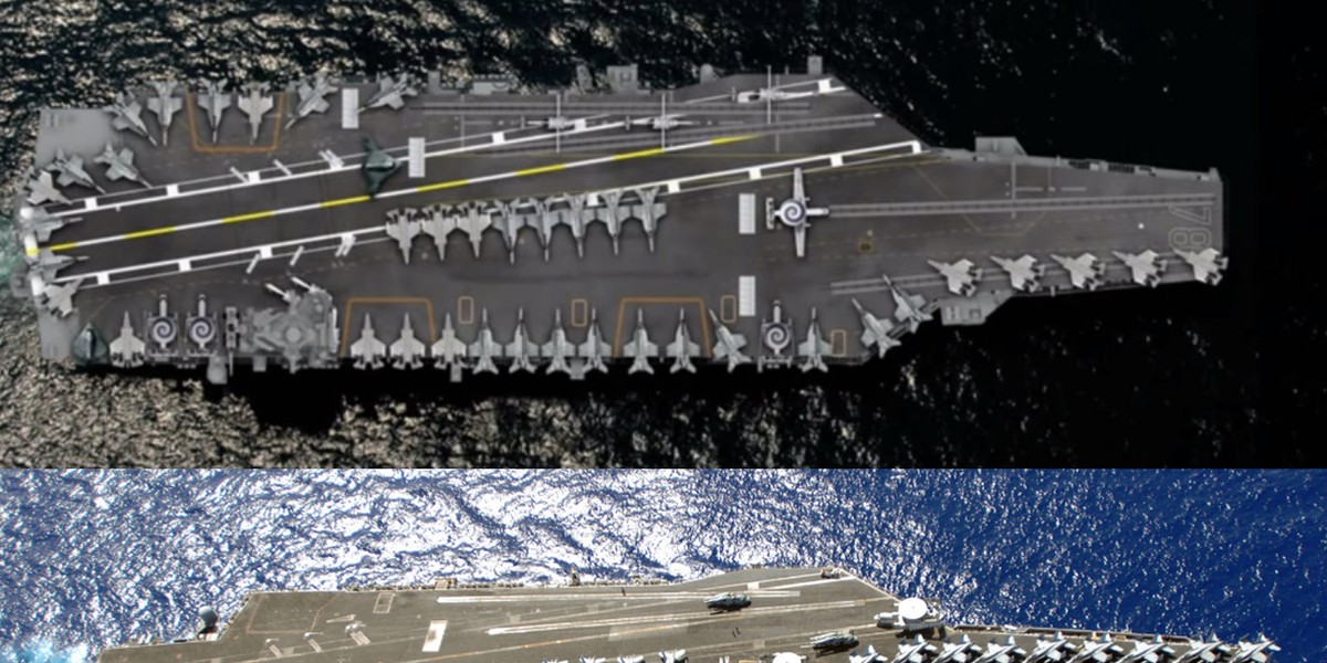 A Nimitz-class aircraft carrier (bottom), compared to a Ford class (top).