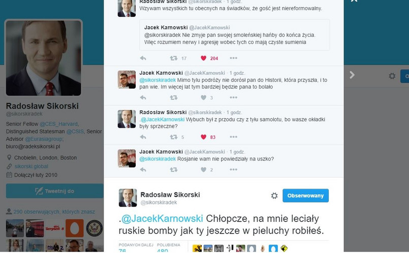 Wymiana Tweetów Radosława Sikorskiego z Jackiem Karnowskim