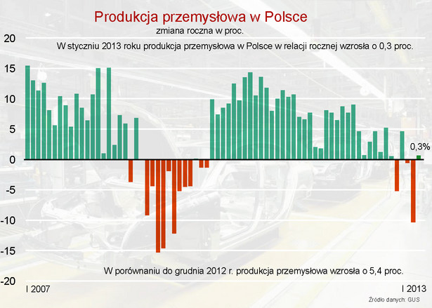 Produkcja przemysłowa w Polsce w styczniu 2013 r. (r/r) wzrosła o 0,3 proc. - GUS