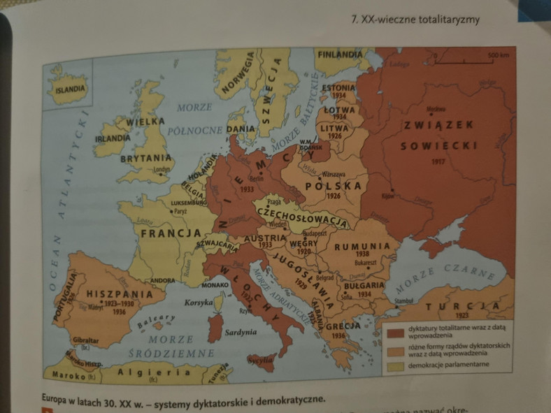 Mapa obrazująca kryzys demokracji w międzywojennej Europie.
