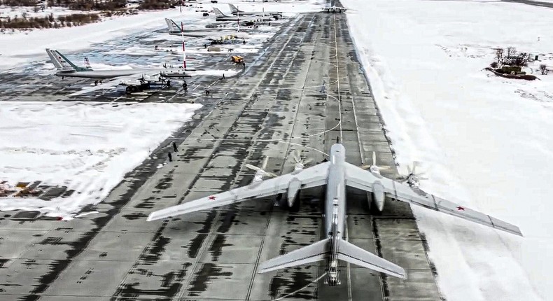 A Tu-95 strategic bomber at Engels air base in Russia, where this type of aircraft was spotted last year covered with tires.Russian Defense Ministry Press Service via AP, File