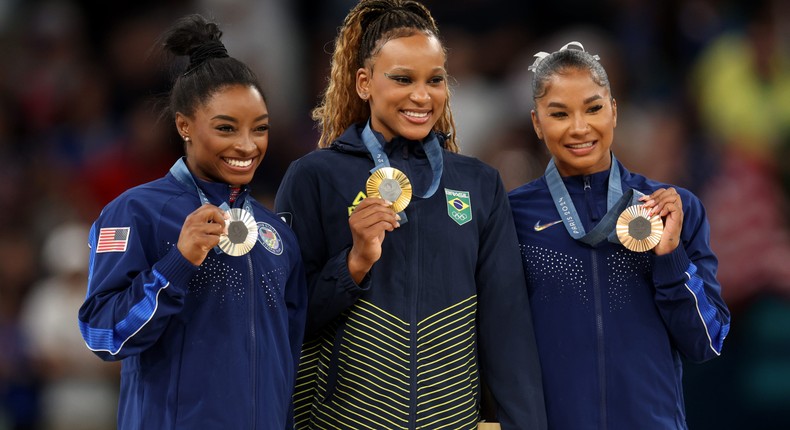 Simone Biles, Rebeca Andrade, and Jordan Chiles made history as the first Olympic women's gymnastics podium composed entirely of Black women.Jamie Squire/Staff/Getty Images