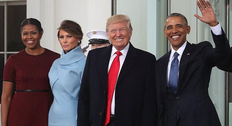 President-elect Donald Trump and his wife Melania Trump are greeted by President Barack Obama and his wife first lady Michelle Obama, upon arriving at the White House on January 20, 2017 in Washington, DC.