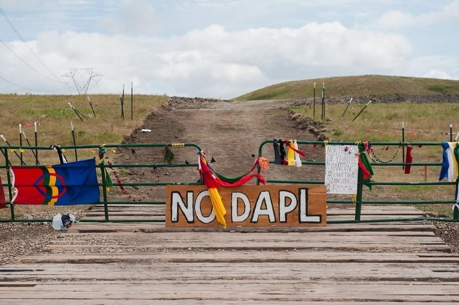 Signs left by people protesting the Dakota Access pipeline sit near the Standing Rock Sioux reservation in Cannon Ball, North Dakota.