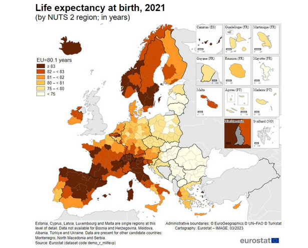 Oczekiwana długość życia w chwili urodzenia w 2021 r.