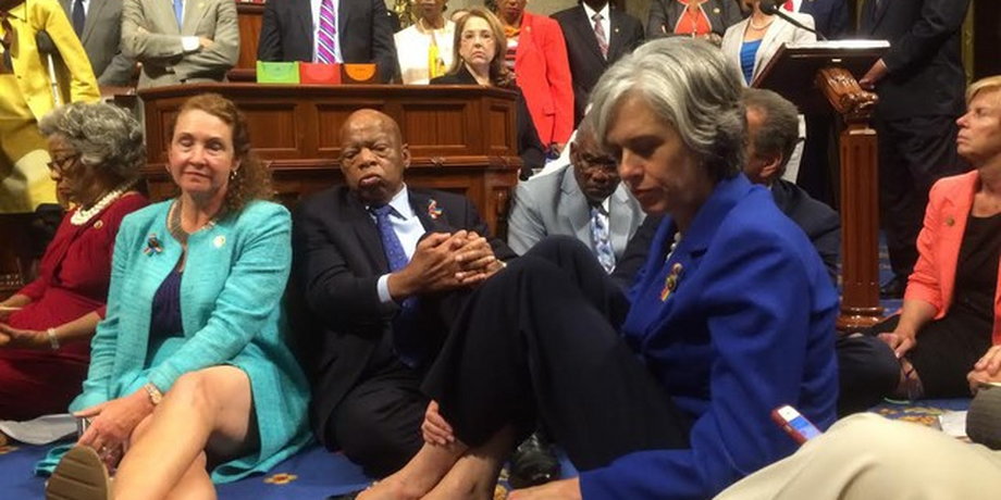 A photo tweeted from the floor of the House by Rep. Katherine Clark shows Democrats staging a sit-in over gun legislation in Washington.