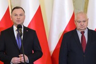 Prezydent Andrzej Duda i prezes NBP Adam Glapiński po spotkaniu z przedstawicielami instytucji finansowych, Warszawa, marzec, 2020 r.