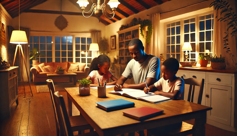 A serene evening scene of a Kenyan man spending time with his family at home