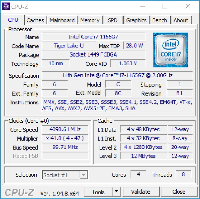 Asus ZenBook Flip S (UX371EA) – CPU-Z – specyfikacja CPU