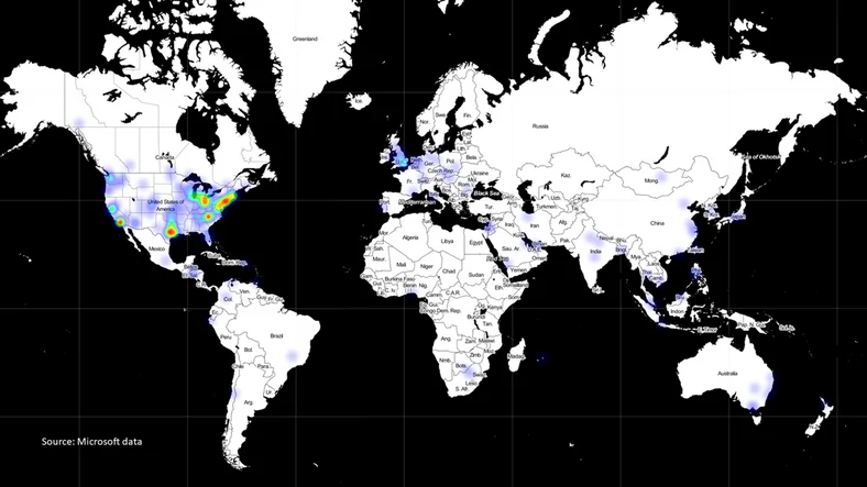  Mapa wykrytych przez Windows Defender złośliwych aktualizacji oprogramowania SolarWinds (kliknij, żeby powiększyć)