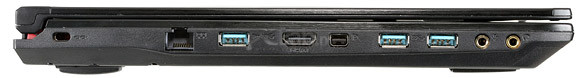 Lewa strona: zamek Kensington, RJ-45, USB 3.0, HDMI, mini-DisplayPort, 2 × USB 3.0, audio