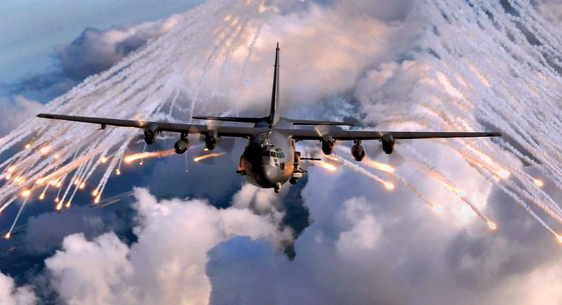 An AC-130U gunship launches flares near Hurlburt Field, Florida, August 20, 2008.
