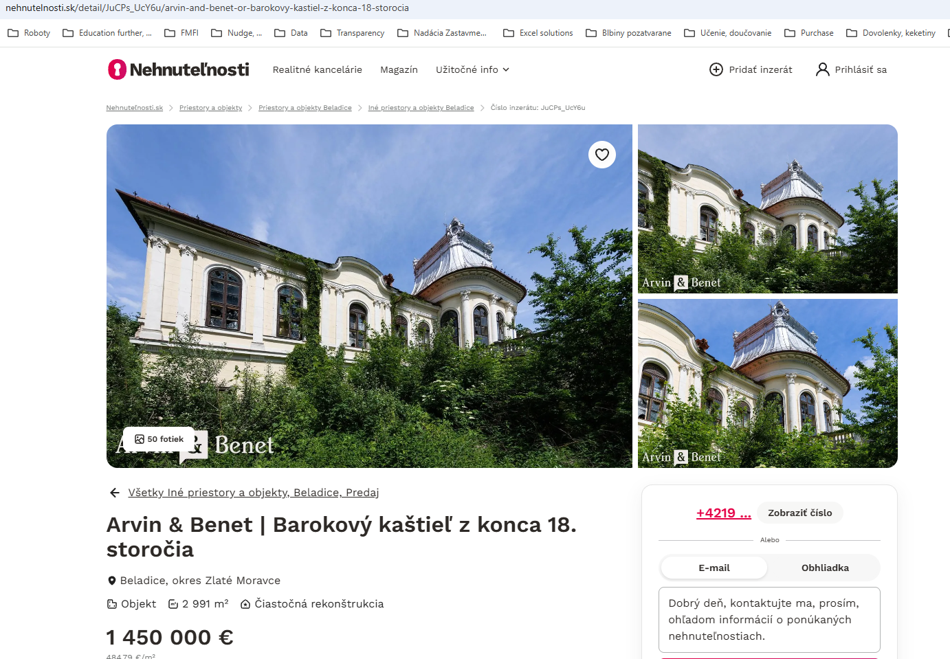Inzerát na predaj kaštieľa Szetivanyiovcov v Beladiciach za 1,5 milióna eur