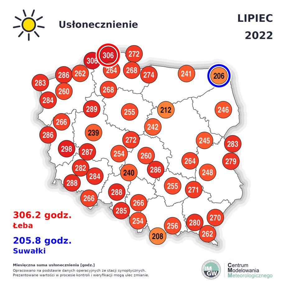 Mapa usłonecznienia Polski w lipcu 2022 r.