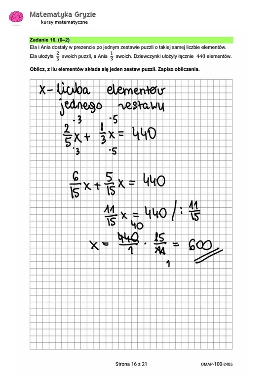 Egzamin ósmoklasisty 2024. Matematyka [ARKUSZE CKE i ODPOWIEDZI]. Zadanie 16