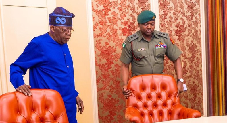 President Bola Ahmed Tinubu resumed at his office in Aso Villa 24 hours after his inauguration on Monday, May 29, 2023. [Presidency]