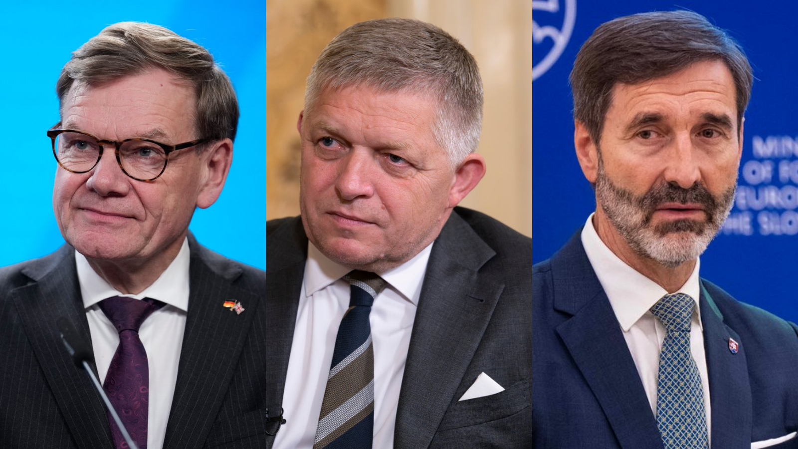 Nemecký minister zahraničných vecí Johann Wadephul, predseda vlády SR Robert Fico a minister zahraničných vecí a európskych záležitostí SR Juraj Blanár.