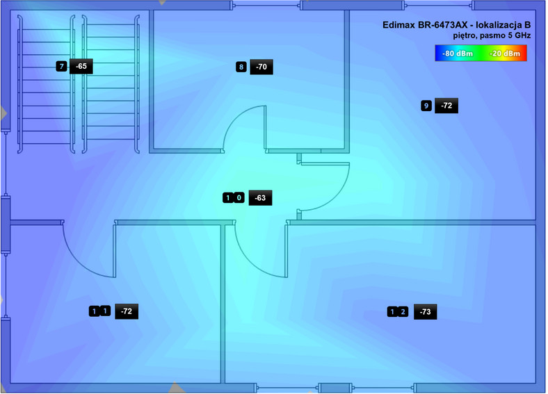 Edimax BR6473AX: Rozkład mocy sygnału sieci 5 GHz na piętrze 